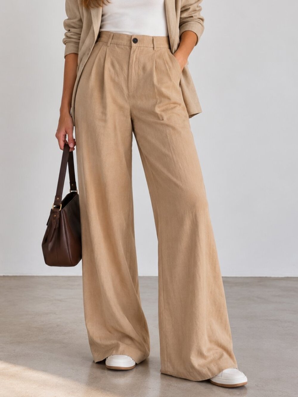 ZARA Wide Leg Flowy Trousers Pants Tan Beige Pleated Lightweight High Waisted M